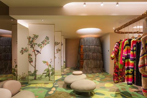 Changing rooms and womenswear on display at Farm Rio, King’s Road, London
